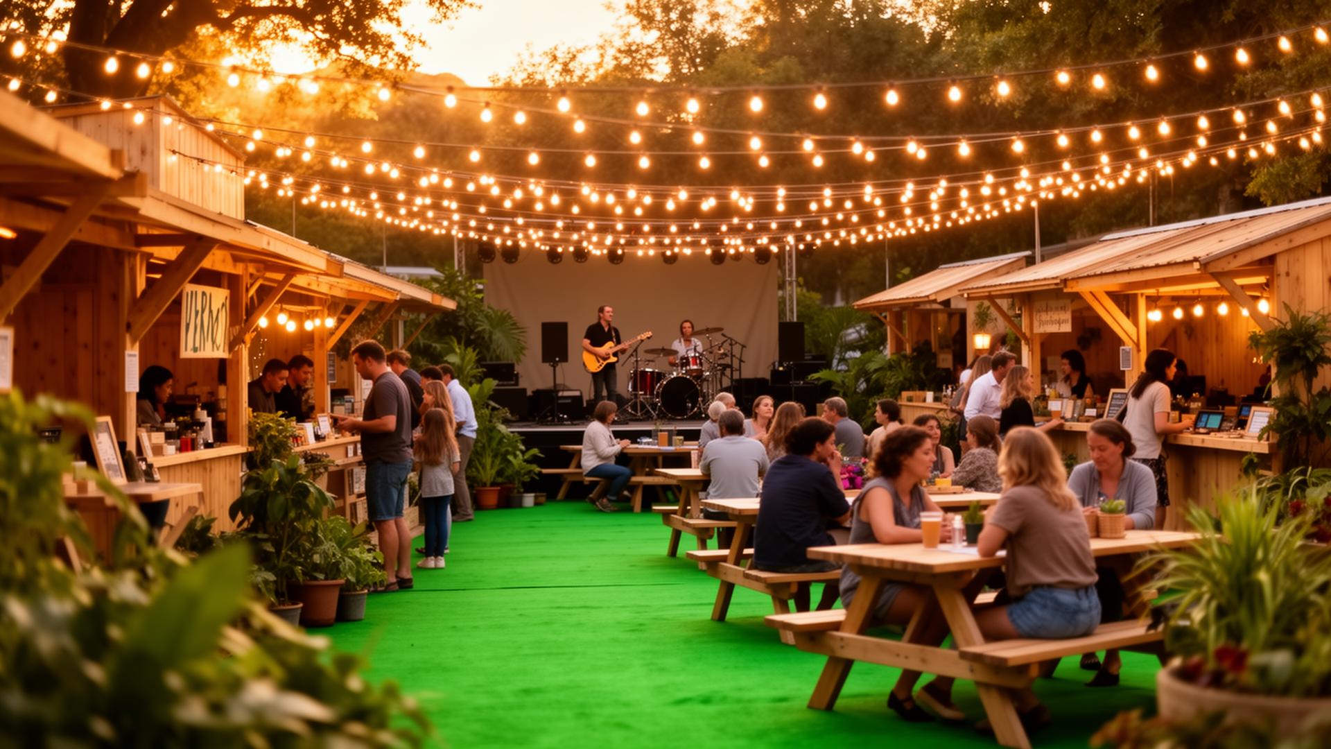 Evening farmers market with string lights, live music and turf dining
